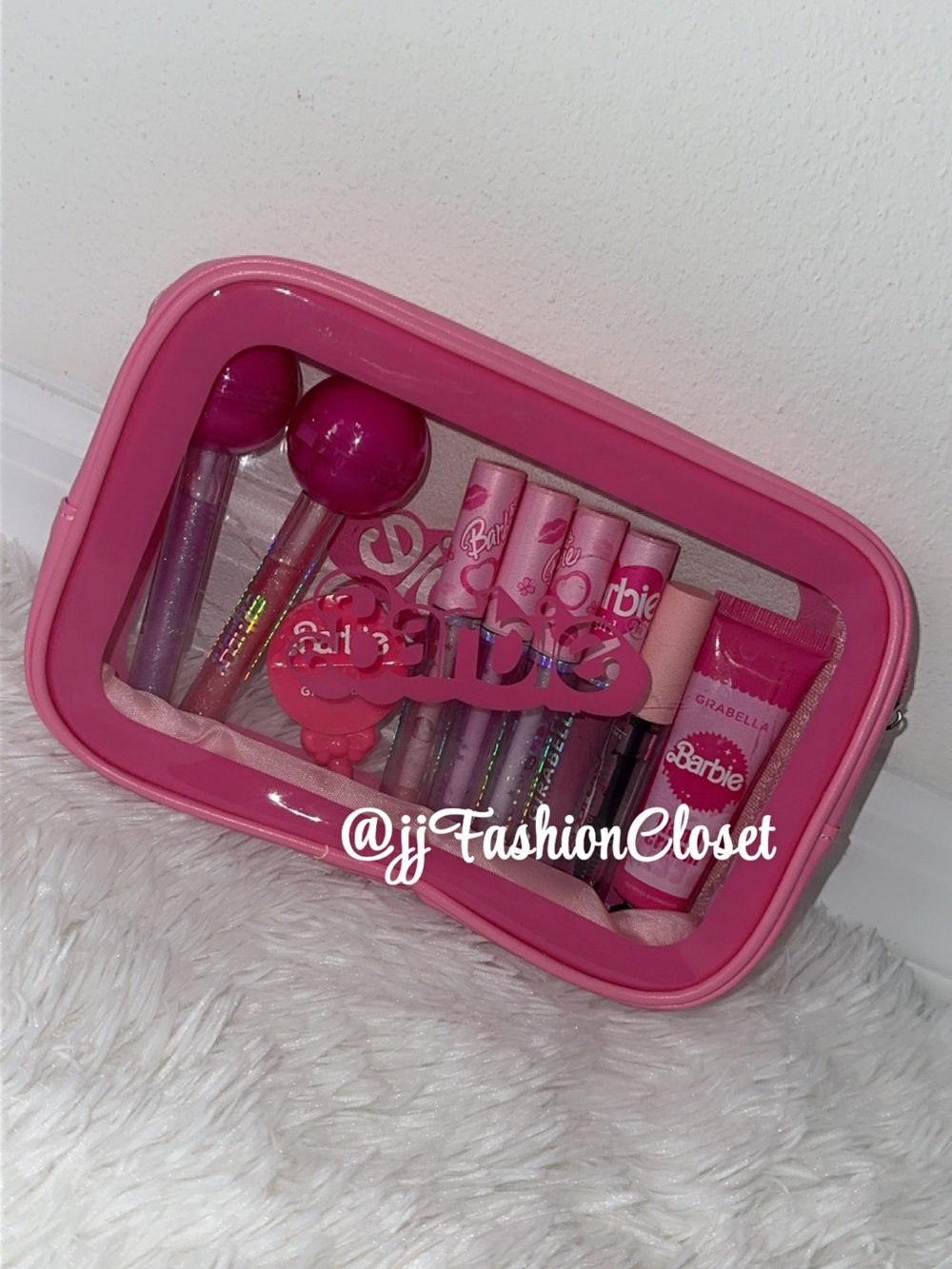 Barbie Hot Pink Clear Cosmetic Pouch with Glosses